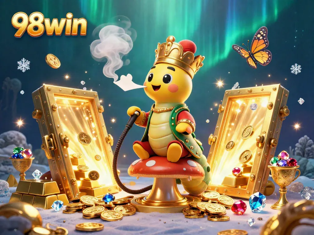 Engage in thrilling gameplay with 98win's vibrant casino scene featuring an elaborate caterpillar master and treasures.
