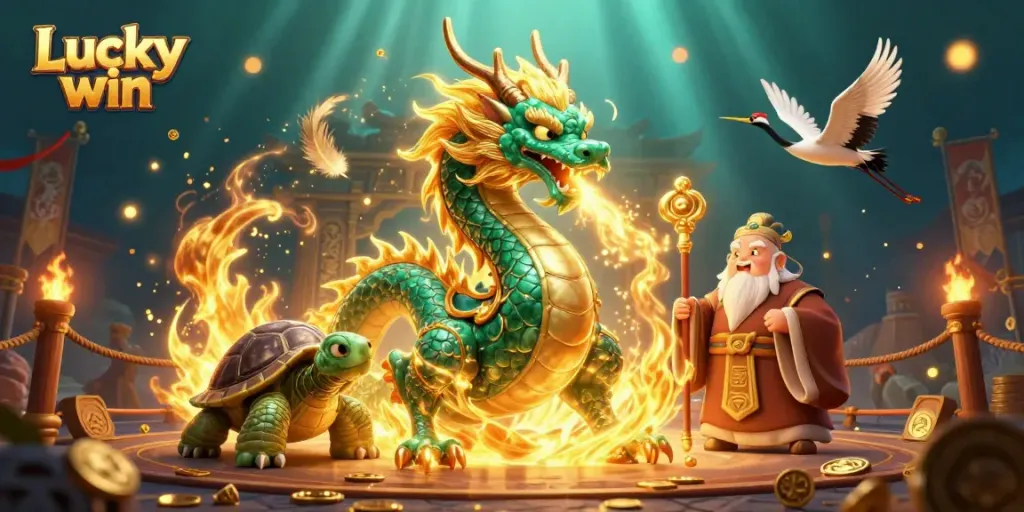 Experience the thrill of Lucky win with an exhilarating 3D casino illustration featuring mythical characters and dynamic elements.