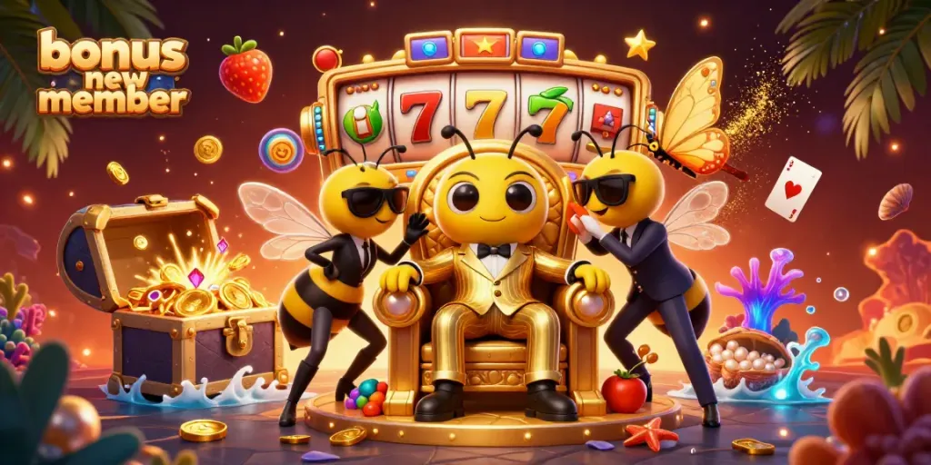 Experience the thrill of gaming with our bonus new member promotional illustration, filled with dynamic slot reels and colorful gems.