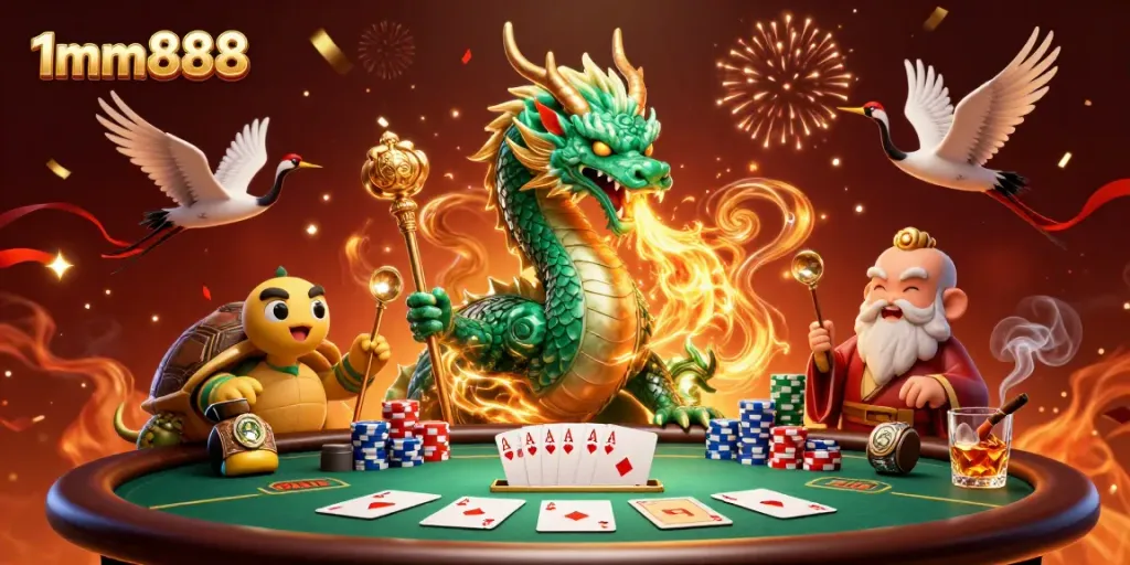 Engage in thrilling action at 1mm888 with this vibrant 3D casino scene featuring a dragon and poker elements.