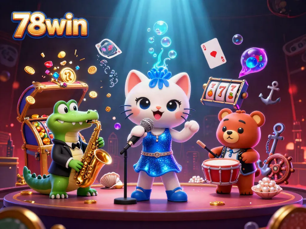 Experience excitement with 78win as cartoon characters enjoy a lively casino atmosphere.