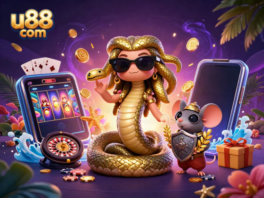 Experience immersive gaming at u88 com with Medusa and a warrior mouse among vibrant casino elements.