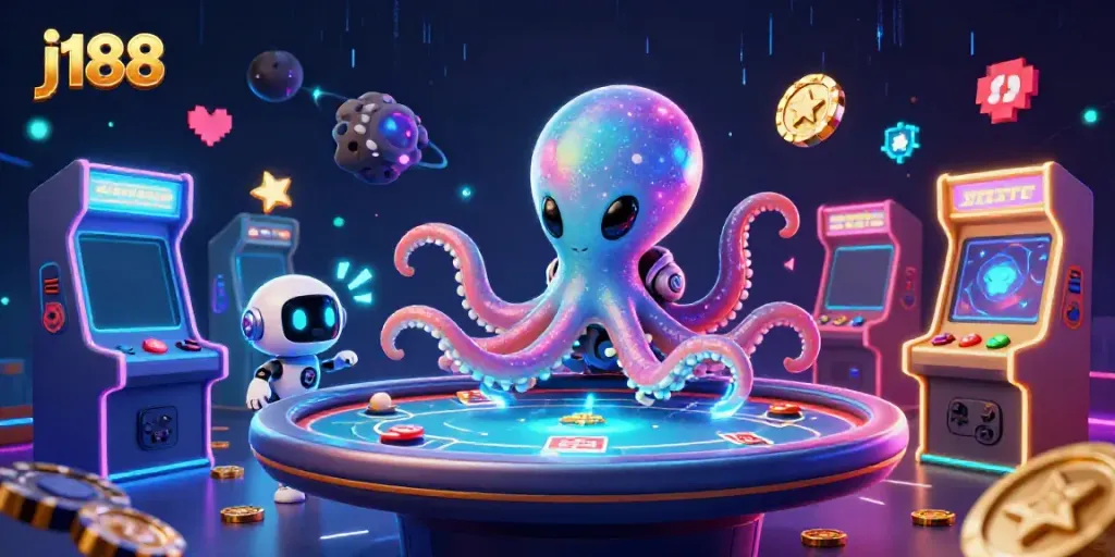 Engage with exciting j188 casino games illustrated by a vibrant 3D scene filled with dynamic characters.