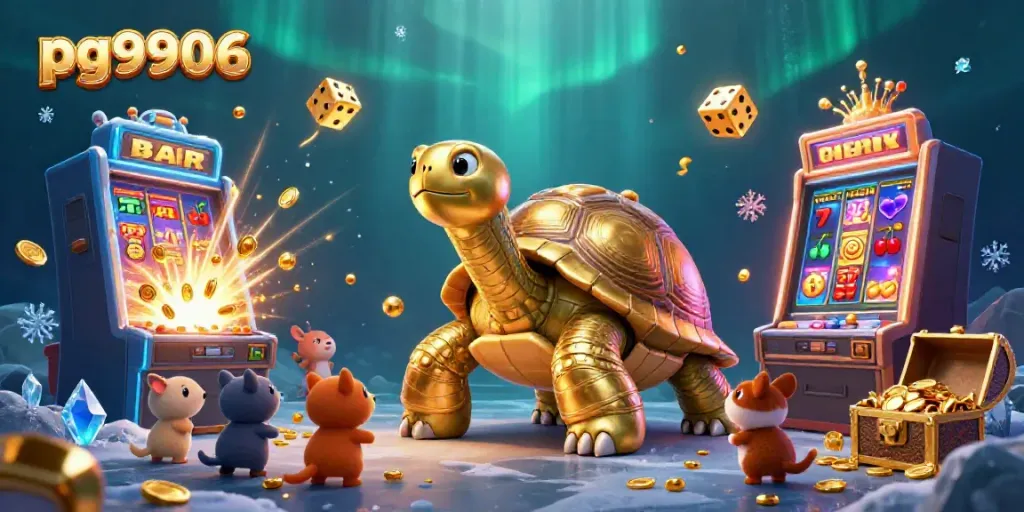 Experience captivating gaming at pg9906 with a cartoon tortoise pinball, vibrant slot machines, and a sparkling treasure