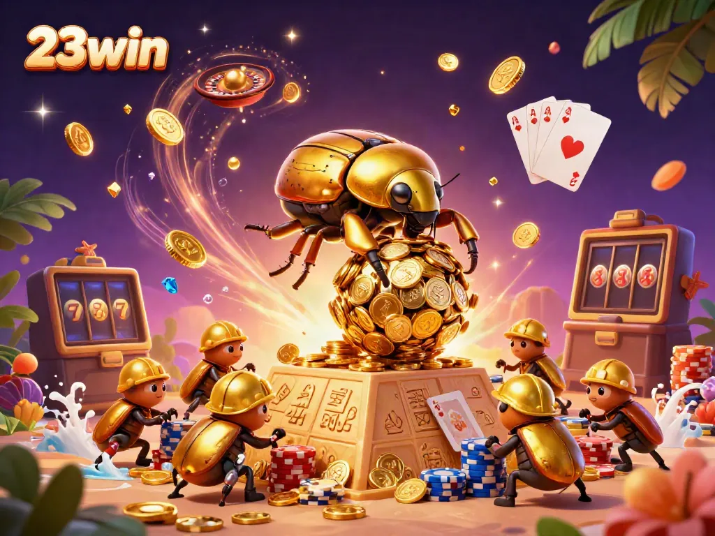 Engage with the vibrant 23win gaming scene, featuring golden dung beetles amidst dynamic casino elements.