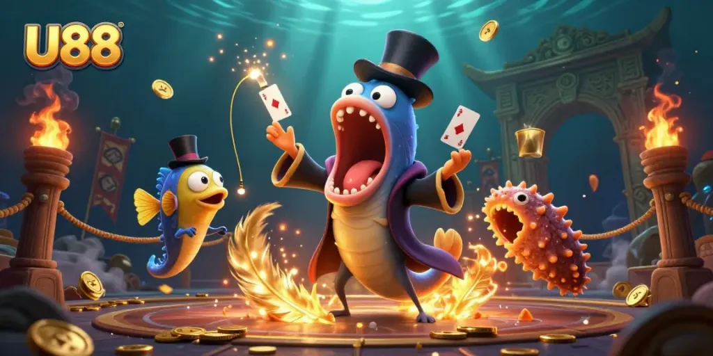 Catch thrilling wins with U88 as a deep-sea gulper eel performs card tricks in a vibrant underwater scene.