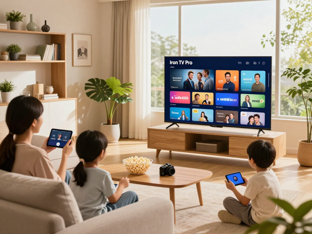 Famille profitant d'Iron tv pro sur Smart TV dans un salon moderne.