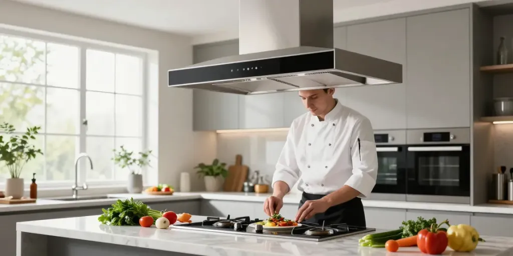 Hotte inclinée moderne dans une cuisine bien éclairée avec un chef préparant un repas.