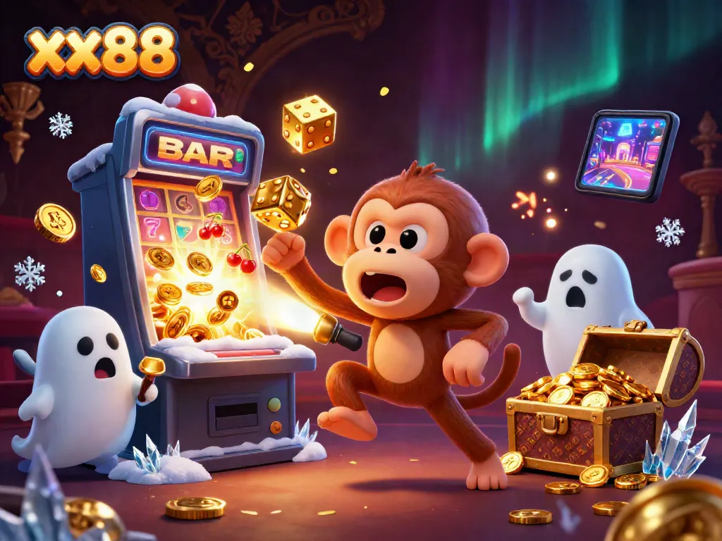 Experience thrilling gameplay at xx88 with a mischievous monkey and ghost-hunter puppy in a vibrant casino.