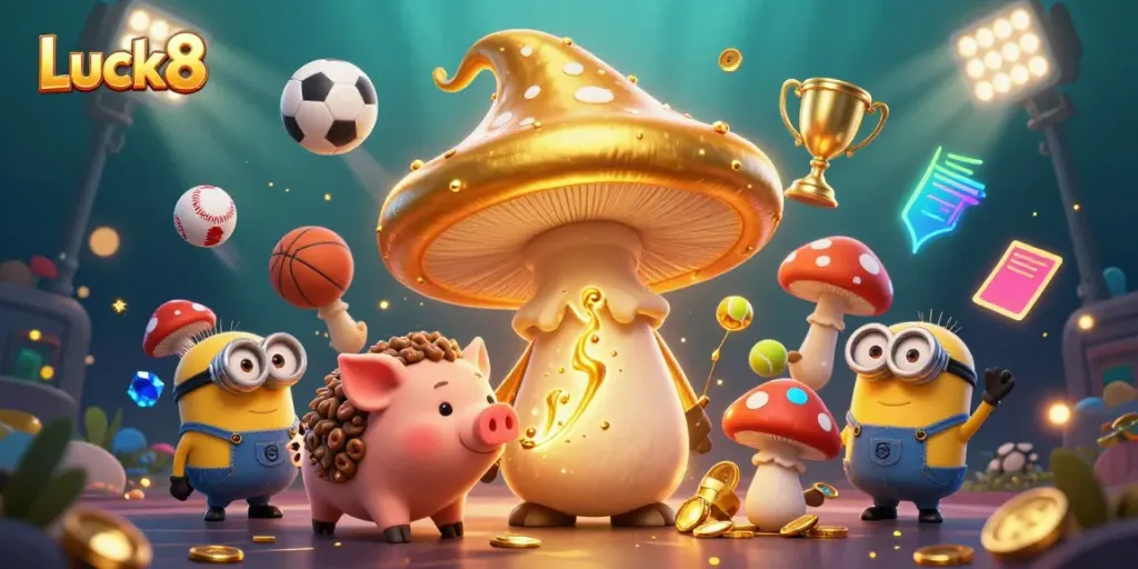 Engaging illustration showcasing Luck8 with magical characters, sports elements, and casino excitement.