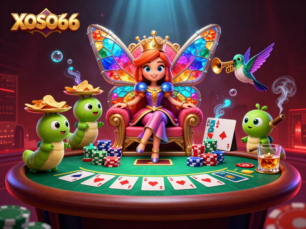 Engage with XOSO66's dynamic casino scene featuring a butterfly queen and poker elements.