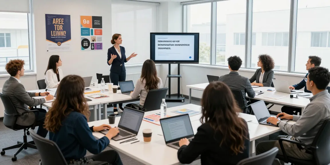 Atelier de réorientation professionnelle avec des participants prenant des notes dans un bureau moderne