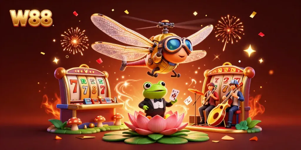 W88 helicopter pilot and frog croupier engage in a vibrant casino scene filled with colorful slot machines.