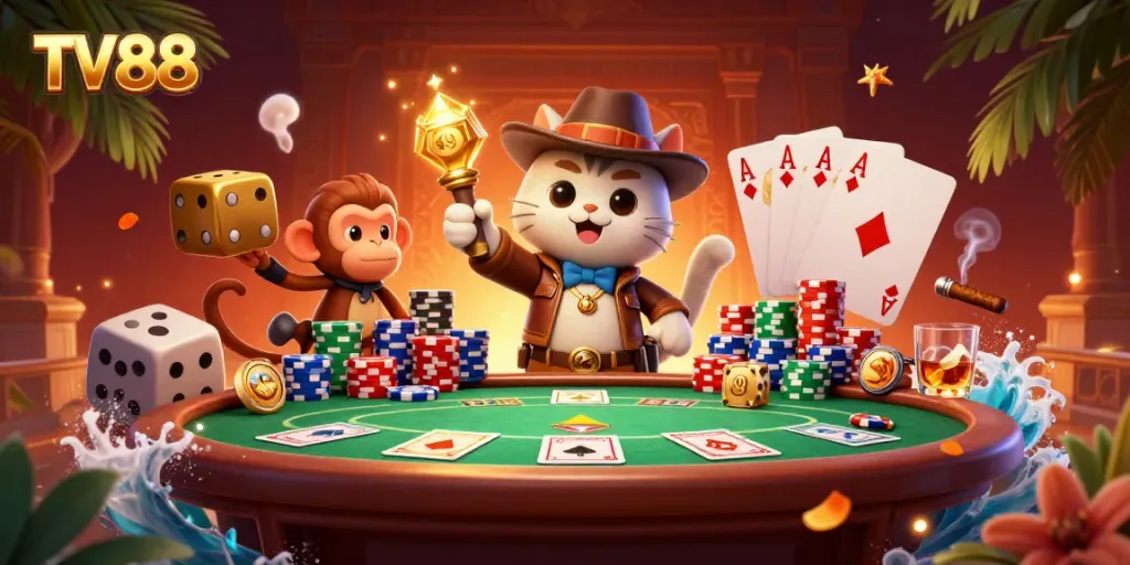 Engage in thrilling gameplay at TV 88 with a vibrant casino scene featuring cats and monkeys.