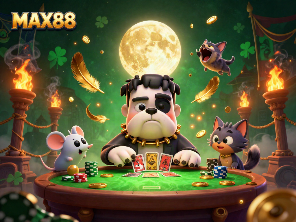 MAX88 themed illustration with a Frankenstein bulldog, ghost mouse, and werewolf kitten at a vibrant casino scene.