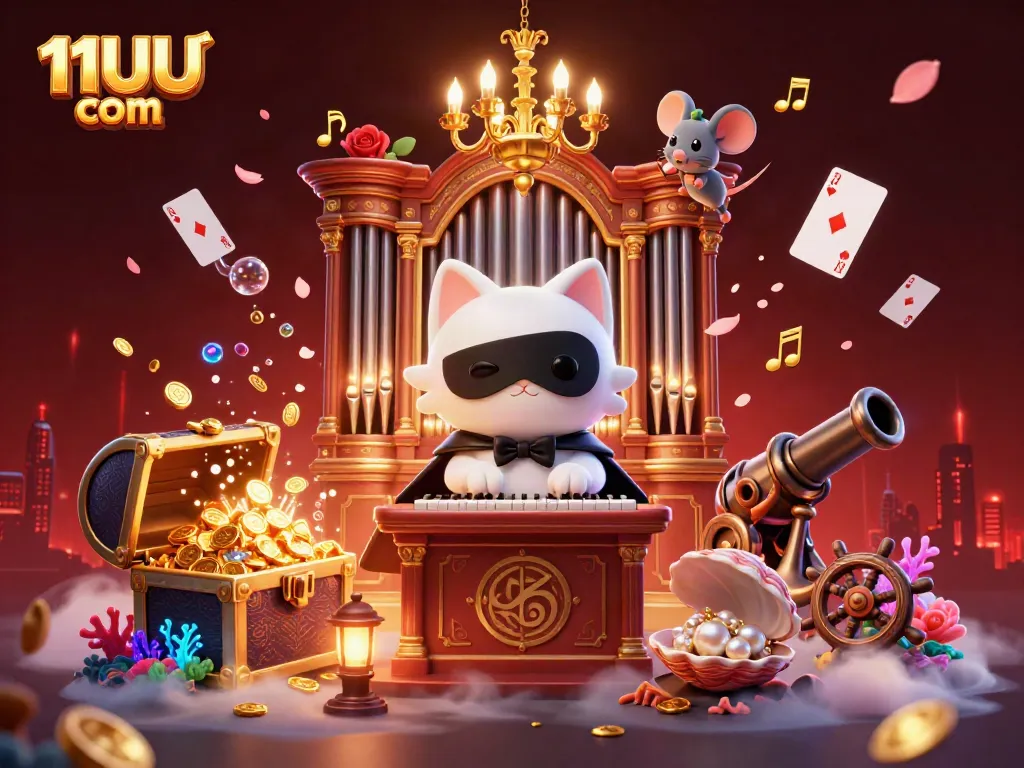 Experience 11UU com with vibrant casino art featuring a whimsical cat and acrobatic mouse.