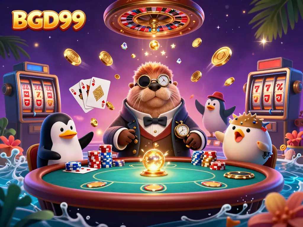 BGD99 showcases an epic underwater poker scene with a jolly walrus, a penguin dealer, and a pufferfish, surrounded by gold coins and shimmering gems.
