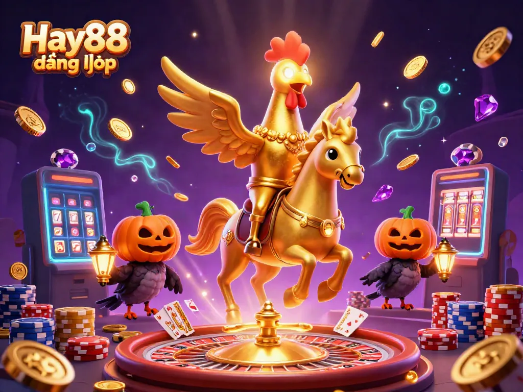 Experience thrilling betting at Hay88 đăng nhập with a golden rooster riding a spectral horse in a magical casino scene.