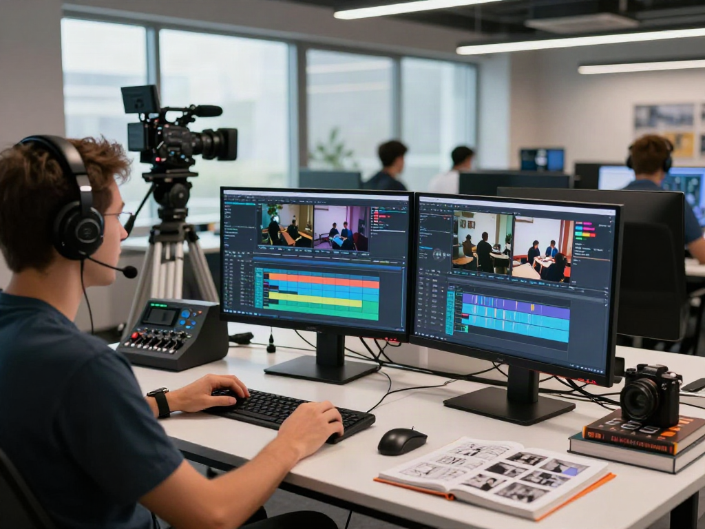Scène d'un espace de travail dédié à la production télévisuelle avec l'équipement Atlas pro ontv, moniteurs de montage vidéo et ambiance créative.