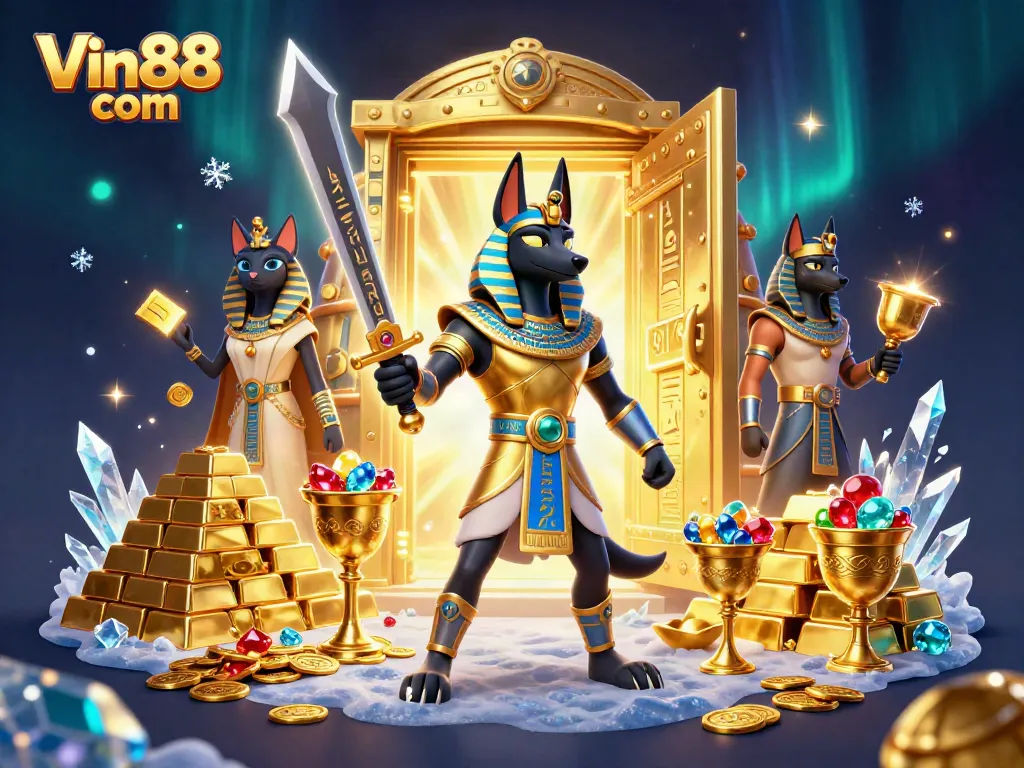 Win big at Vin88 com with this vibrant casino-themed 3D illustration showcasing Anubis and Bastet.