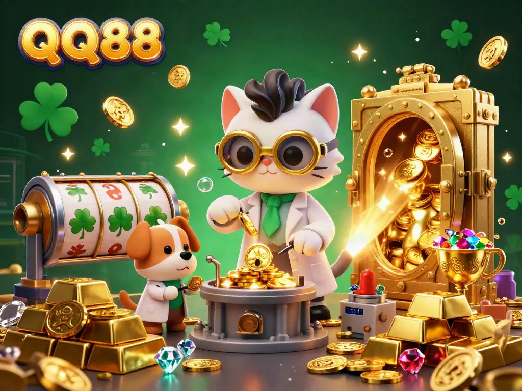 Engage in thrilling gaming with QQ88's captivating 3D illustration of a mad scientist cat and assistant amid golden treasures.