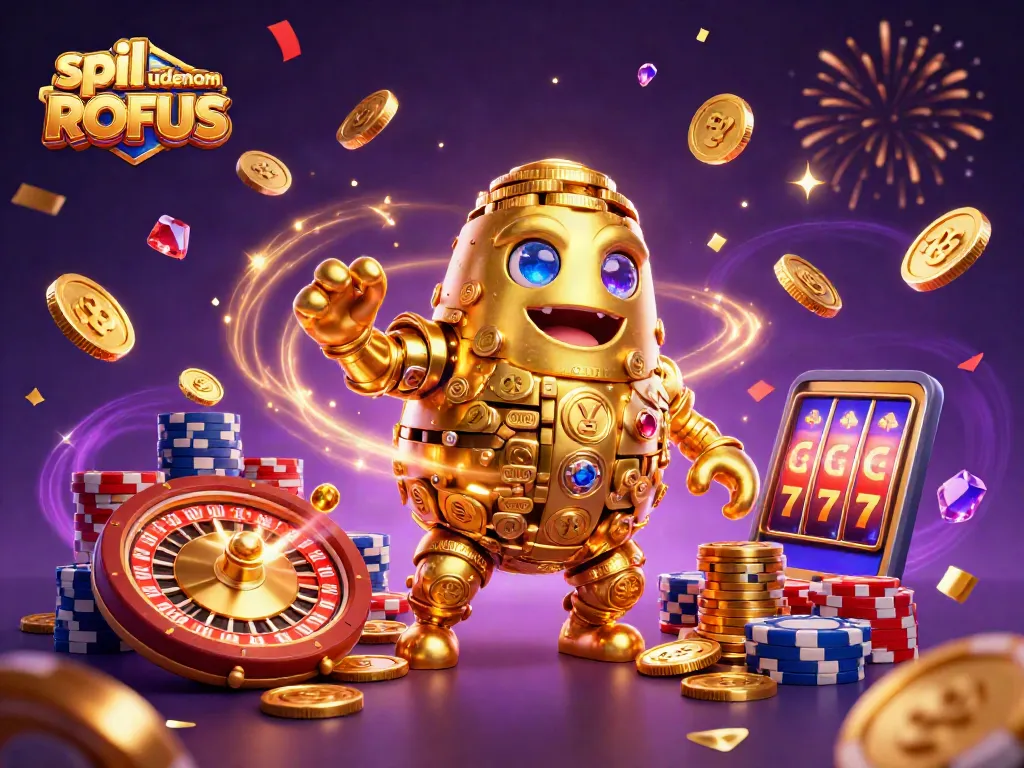 Engage in spil uden om ROFUS with an animated 3D scene of golden golems surrounded by casino elements.