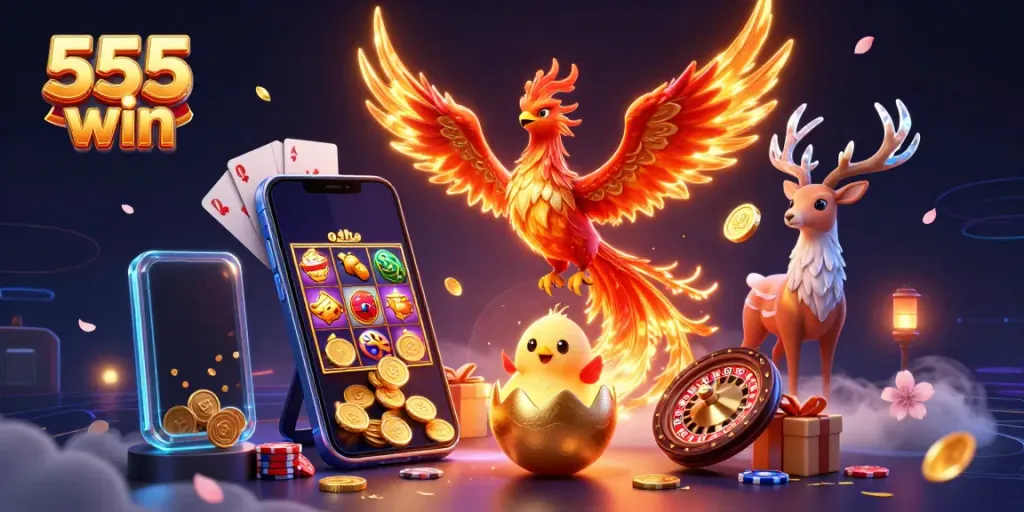 Win big with 555 win as a fire phoenix rises amidst vibrant casino game elements.