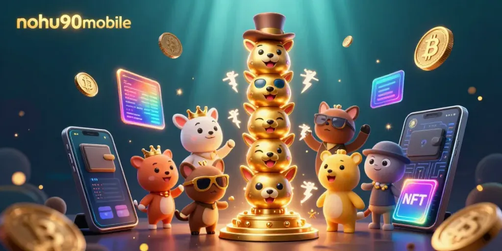 Nohu90mobile illustrates engaging casino gaming with vibrant 3D characters and crypto elements.
