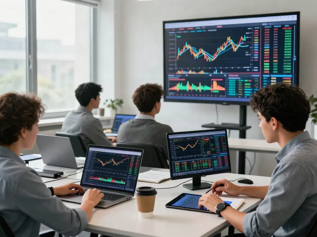Traders utilisant couponeau pour des analyses de marché avancées dans un bureau moderne.