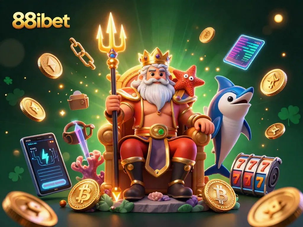Bet on 88ibet as Neptune rules the sea of gaming riches in a vibrant casino illustration.
