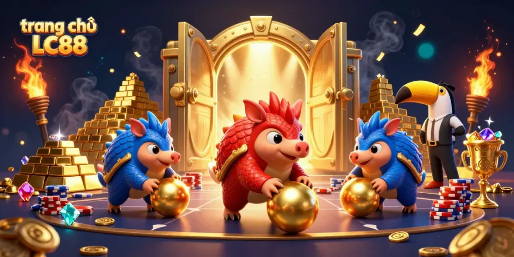Experience excitement at trang chủ LC88 with pangolins bowling through golden chips in a vibrant casino.
