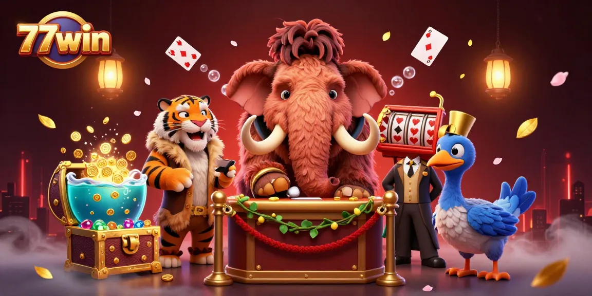 Join the excitement at 77win with a vibrant scene of a woolly mammoth and VIP guests engaging in casino fun.