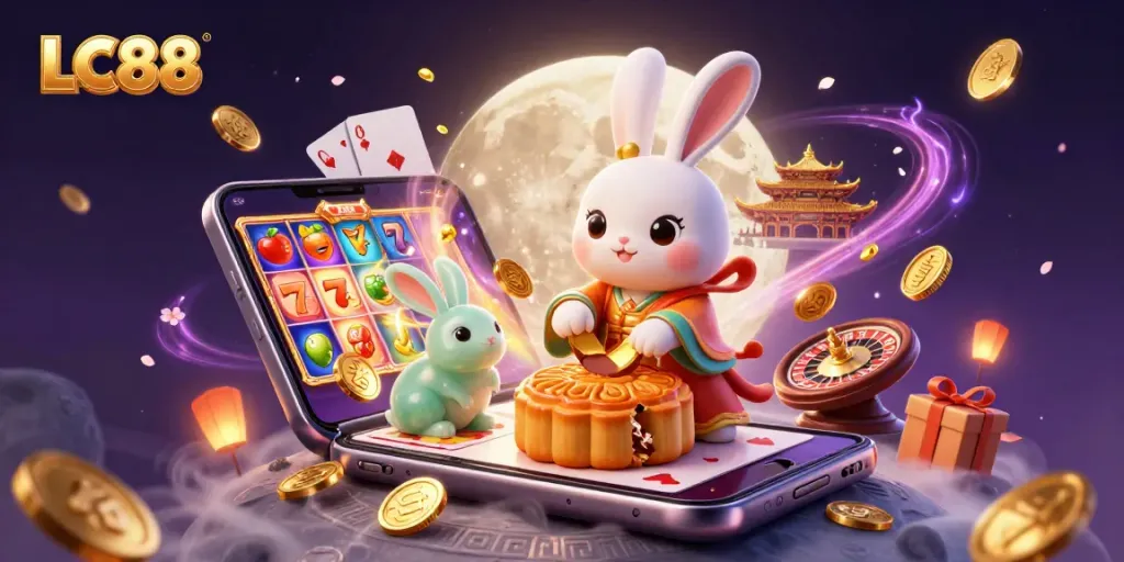 Play thrilling games at LC88, featuring a mythical moon rabbit, casino elements, and vibrant visuals.